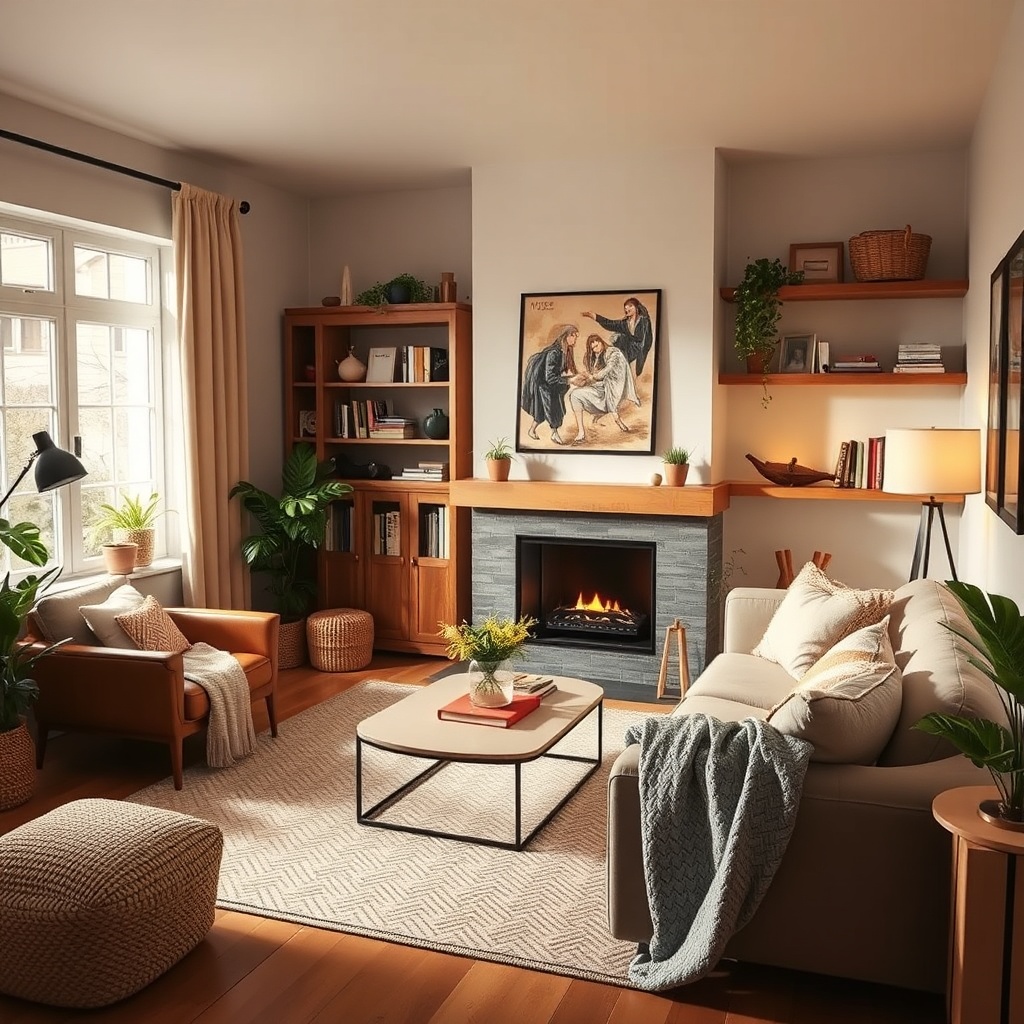 Cozy organized living room with warm lighting and tidy shelves