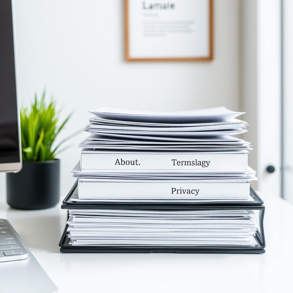 Stack of documents labeled About, Terms, Privacy on a desk