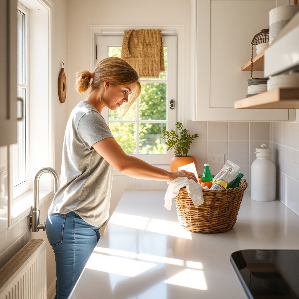 Person wiping kitchen counter during a quick tidy-up