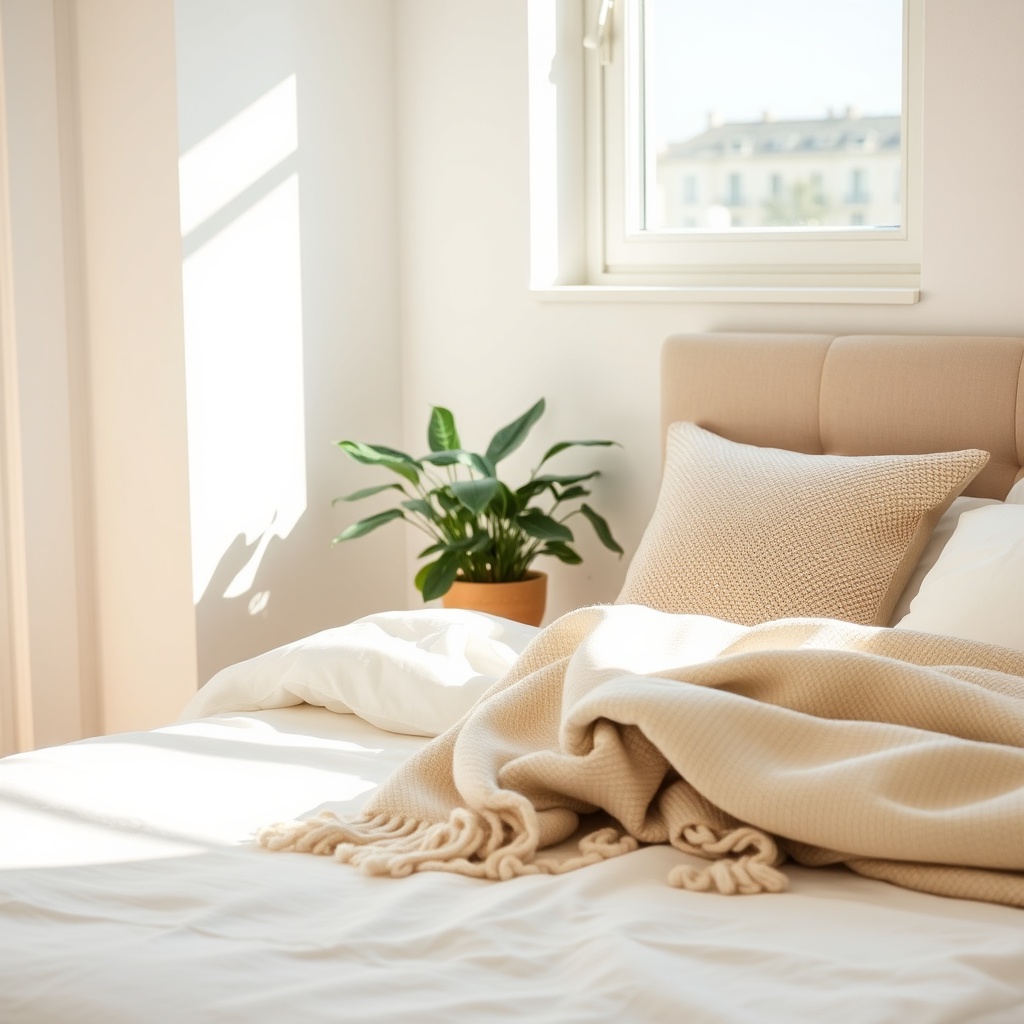 Cozy bedroom with soft linens and morning light