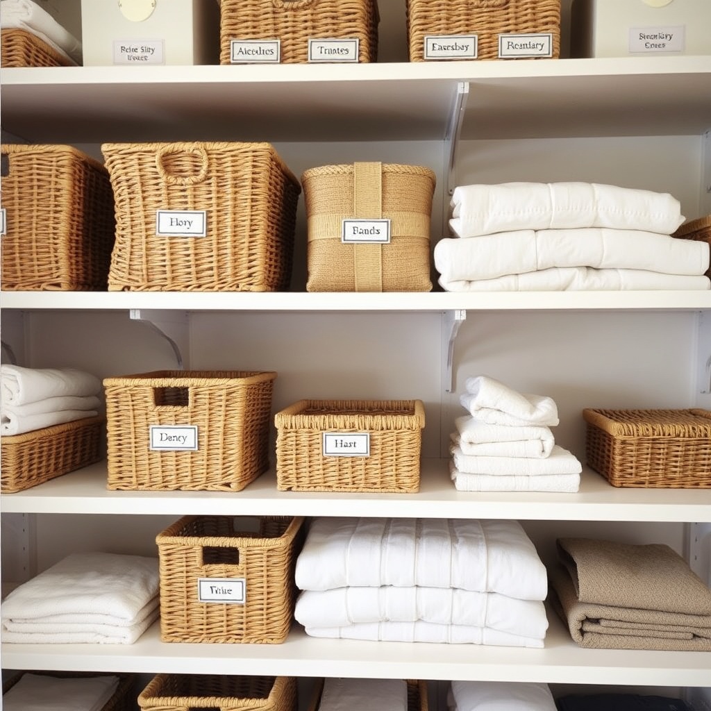Shelves with woven baskets and labeled boxes for organized storage