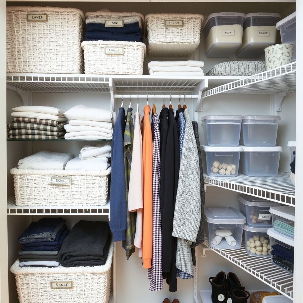 Organized closet with labeled storage containers