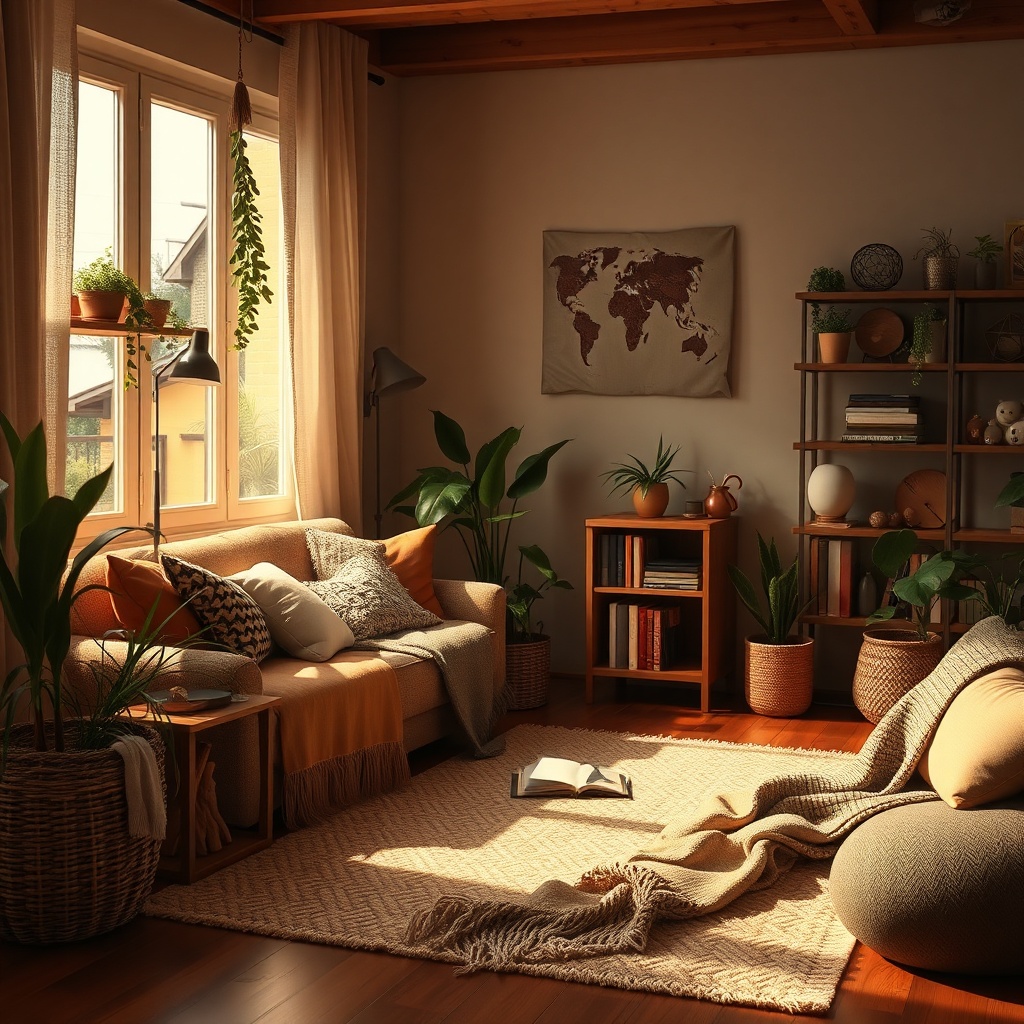 Cozy living room with reading nook and tidy surfaces
