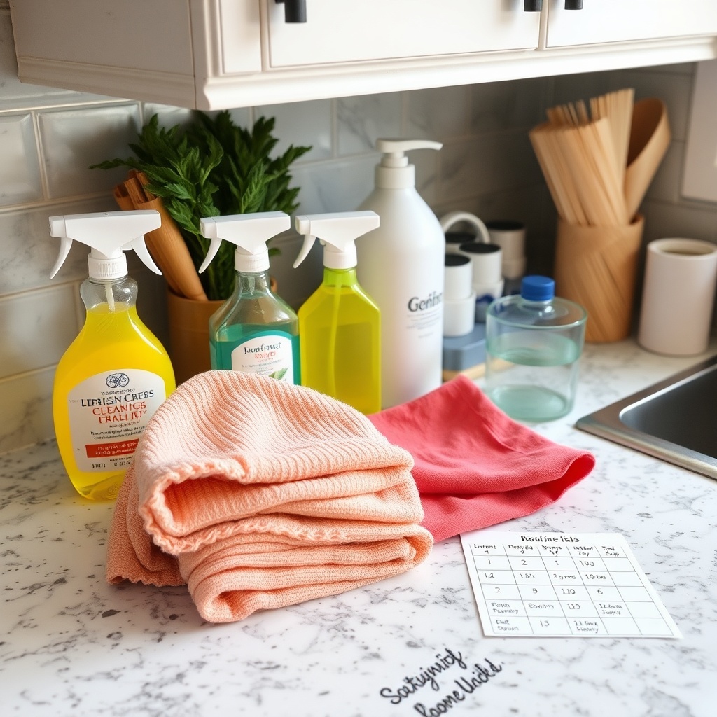 Cleaning supplies and a routine chart on a kitchen countertop