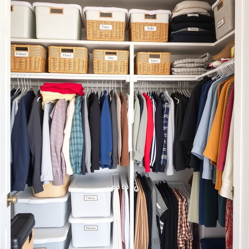 Neatly organized closet with labeled storage bins