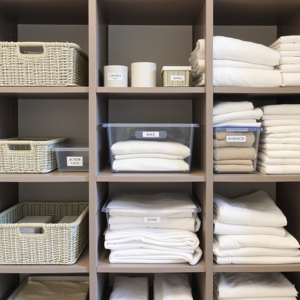 Organized shelving with baskets and clear storage boxes