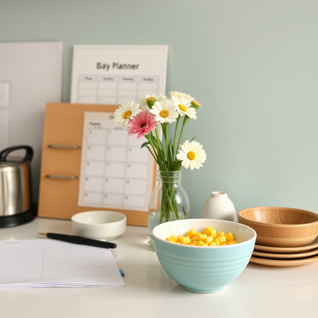 Kitchen counter with weekly planner and tidy bowls