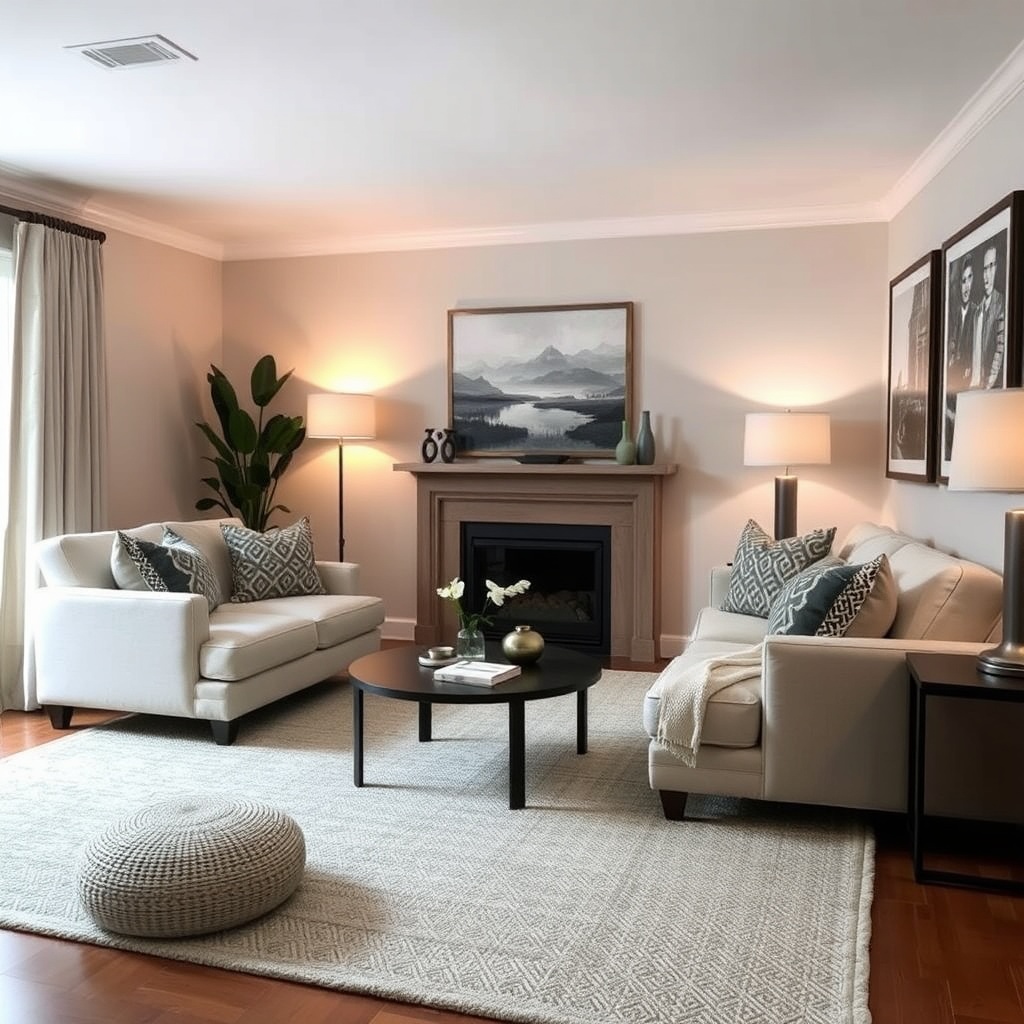 Stylish living room with layered textiles and warm lighting
