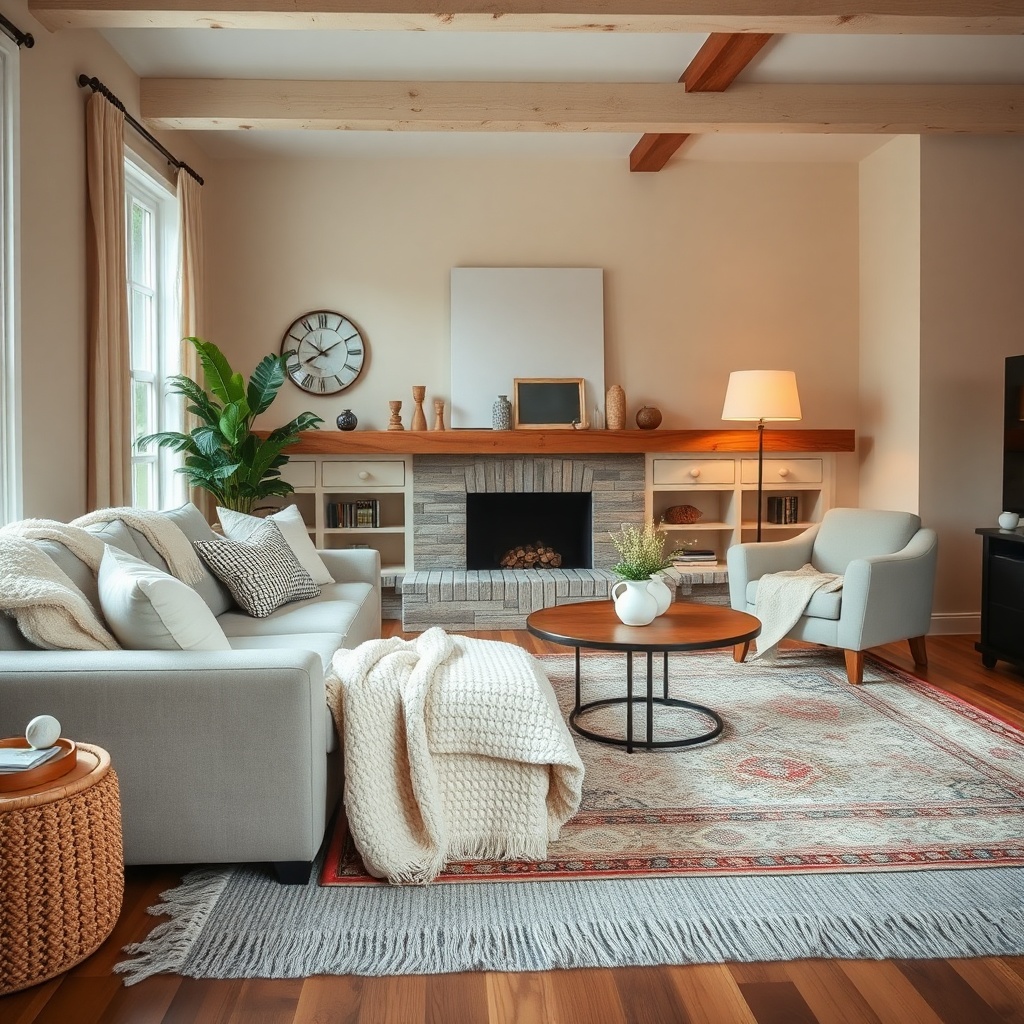 cozy living room with blankets and natural light