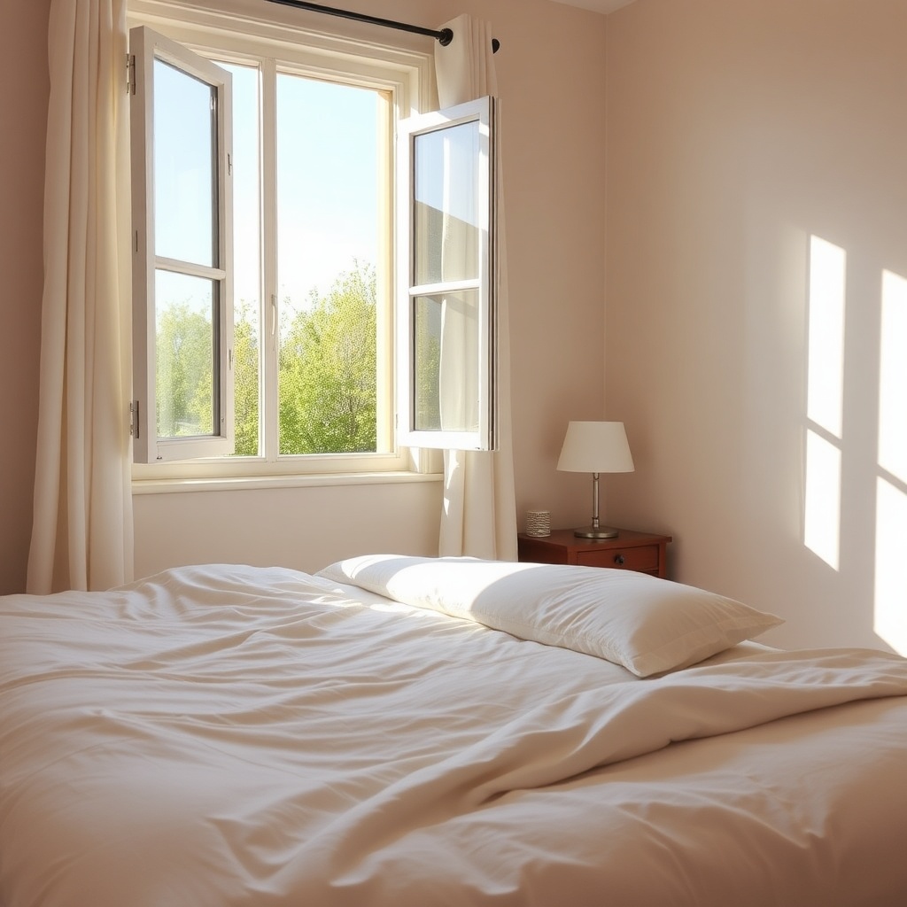 Neatly made bed with sunlight and fresh air