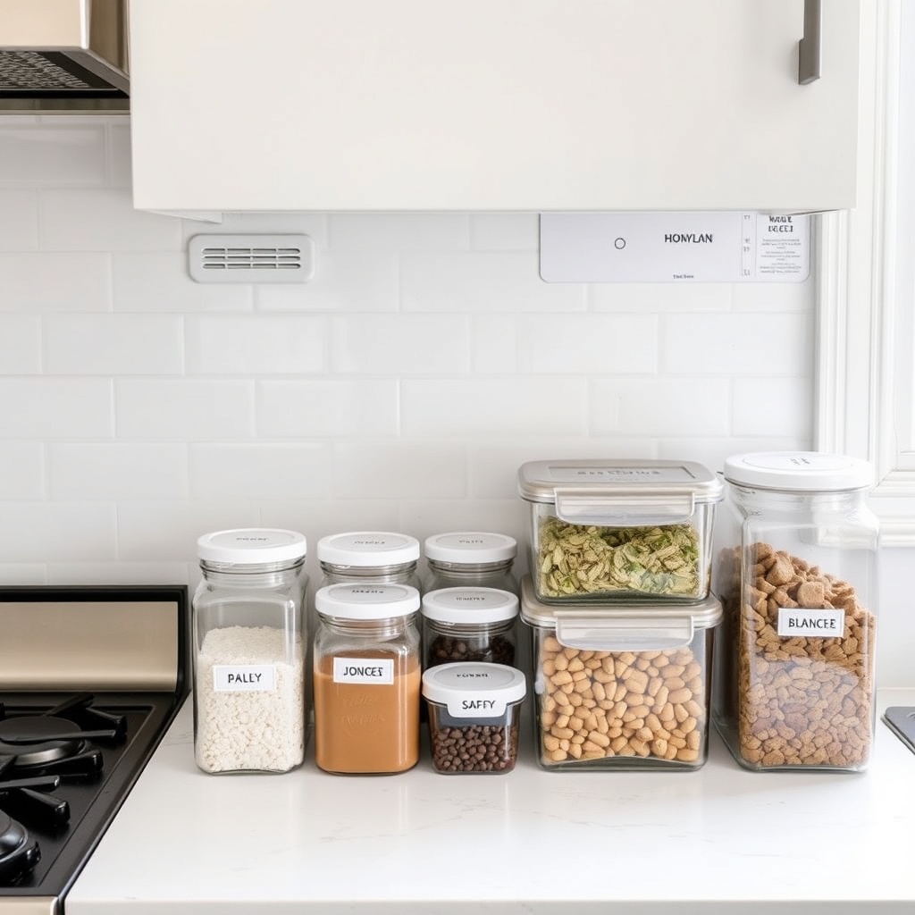 organized kitchen with labeled jars and tidy prep areas