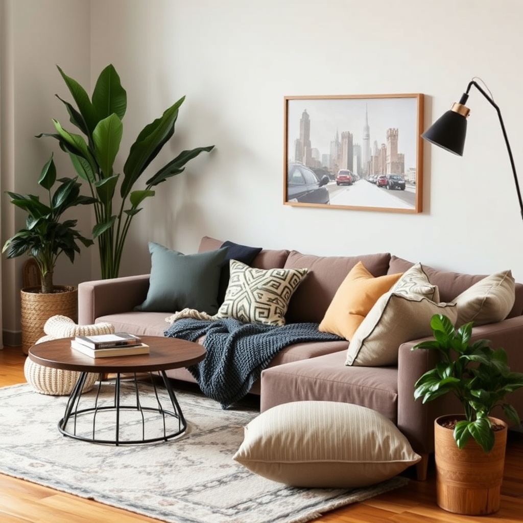 Cozy living room with cushions, rug, and indoor plants
