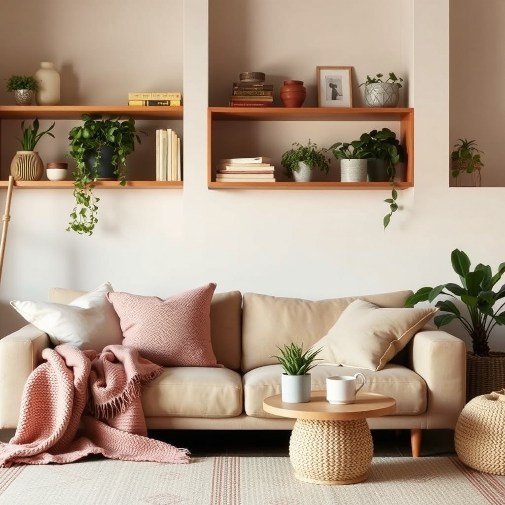 cozy living room with layered textiles and organized shelving
