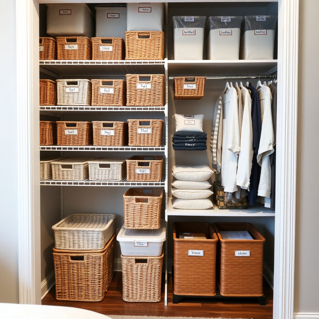organized closet with baskets and shelving
