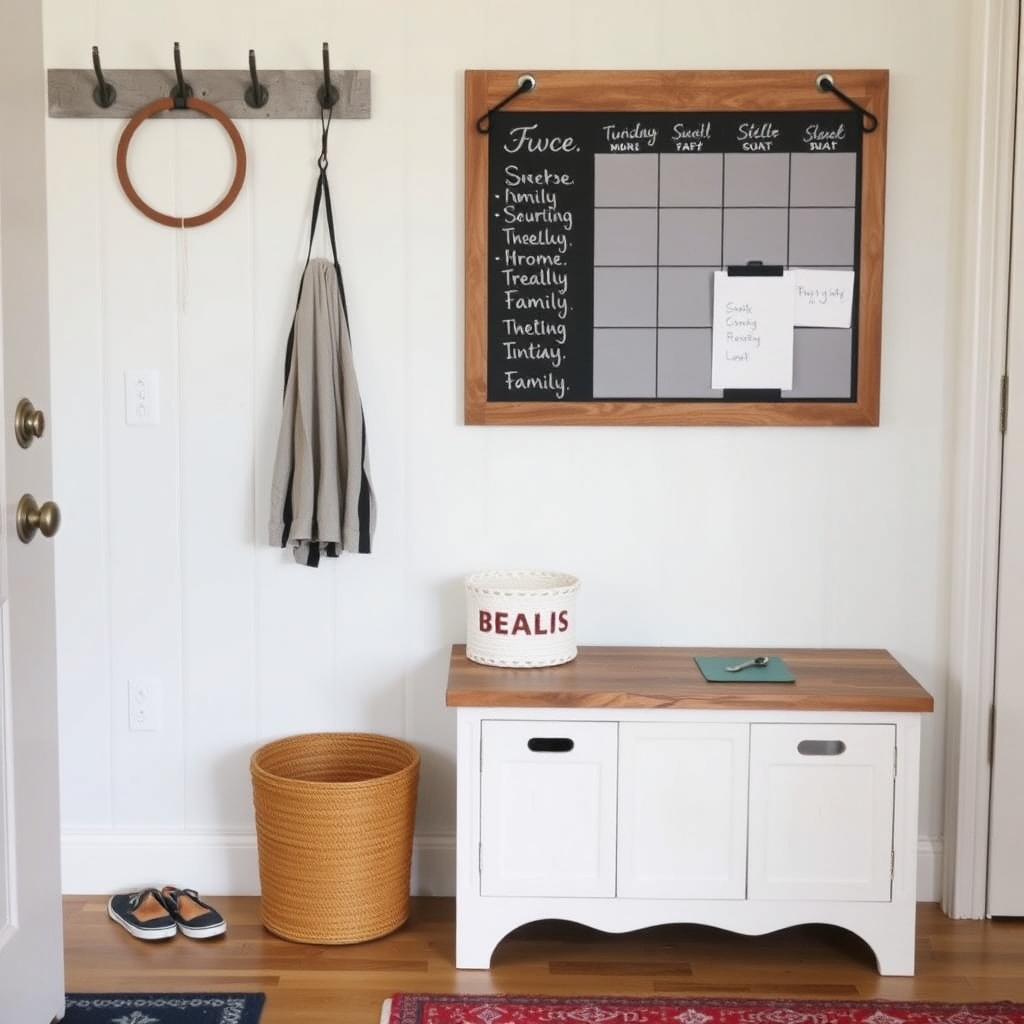 tidy entryway with storage and message board