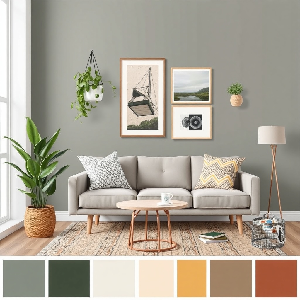 decor mood board with color swatches and plants